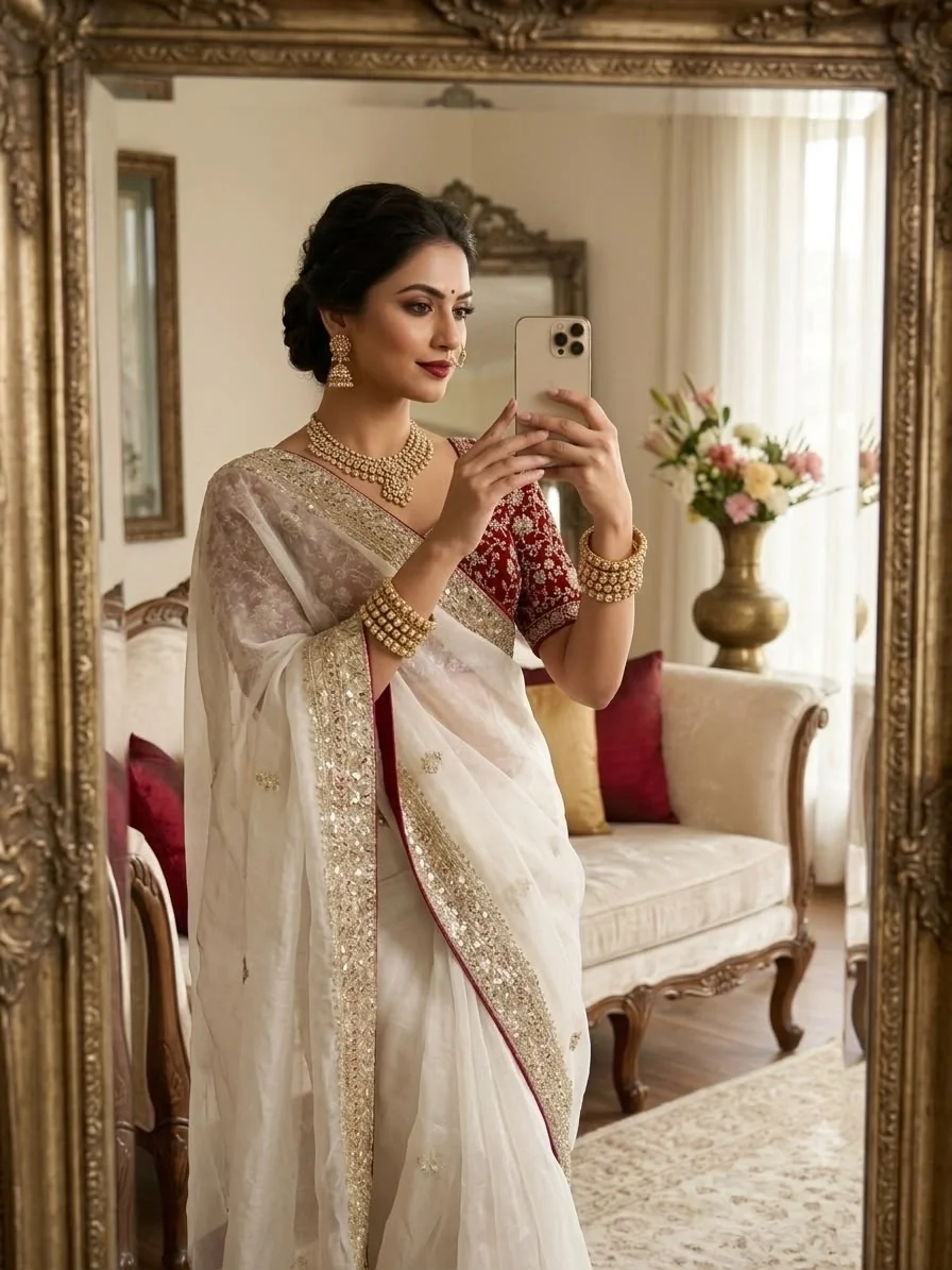 Cream Multi-Thread Heavy Embroidery Soft Space Silk Saree